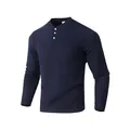 Navy blue long-sleeve Henley shirt with waffle texture and chest pocket for men - S / Tops / Navy Blue