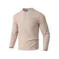 Casual khaki long-sleeve waffle knit Henley shirt with buttons and a front pocket - S / Tops / Khaki