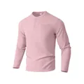 Premium men's pink waffle knit long-sleeve Henley shirt featuring a chest pocket detail - Lotus Pink
