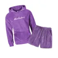 Cozy purple fleece hooded sweatshirt and drawstring shorts set with white chest embroidery - S / Top And Bottom / Purple