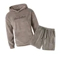 Comfortable fleece hoodie and shorts lounge set with Muscleattack embroidery detail - S / Top And Bottom / Khaki