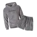 Detail view of grey fleece hoodie and shorts set with Muscleattack embroidery design - S / Top And Bottom / Gray