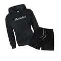 Detailed view of black fleece hoodie and shorts set with Muscleattack embroidery - S / Top And Bottom / Black