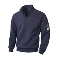 Men's navy tactical fleece pullover with stand-up collar and grid pattern texture. - S / Tops / Navy Blue