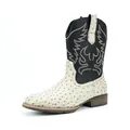 Retro white and black men's cowboy boots with flame embroidery and ostrich texture detail - 40 / White + Black