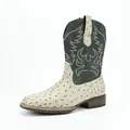 Retro men's cowboy boots with green embroidered shaft and ostrich leather texture - 40 / White + Green