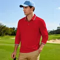 Polo de golf rouge à manches longues pour hommes, séchage rapide avec col à rayures - Rouge