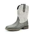 Men's grey Western cowboy boots with ostrich quill texture and flame embroidery - 40 / Grey + White