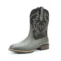 Men's western cowboy boots with grey ostrich texture and vintage white embroidery - Grey + Black