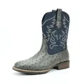 Vintage grey ostrich texture and navy blue embroidered leather men's cowboy boots - Grey + Blue