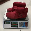 Red suede mid-calf boots with belt buckle detail and decorative strap weighing 0.74kg - 36 / Buckle Knit Collar Mid-Calf Boots (G-01) / Burgundy