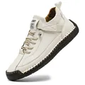 Stylish men's mid-top outdoor casual work boots in cream white with brown rubber sole - White