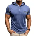 T-shirt Henley à capuche pour homme, bleu, manches courtes, coupe athlétique avec poche - Bleu saphir