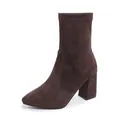 Side profile detail of elegant brown suede pointed-toe ankle boots with chunky high heels - 34 / Brown