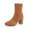 Detailed side profile of stylish brown suede pointed-toe ankle boots with chunky block heel - 34 / Caramel color