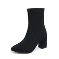 Elegant black suede ankle boot featuring a pointed toe and stable chunky high heel. - 34 / Black