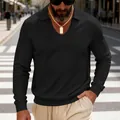 Detailansicht eines schwarzen langärmeligen Polo-Shirts für Herren aus Waffelstrick - S / Oberteile / Schwarz