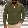 Lässiges olivgrünes Langarm-Poloshirt für Herren aus Waffelstrick im Relaxed-Fit - S / Oberteile / Armeegrün