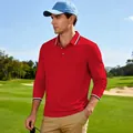 Polo de golf rouge à manches longues pour homme avec col rayé, tissu respirant. - Rouge
