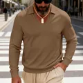 Vue détaillée du polo à manches longues en maille gaufrée lourde pour homme de couleur marron - Marron