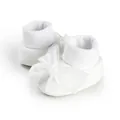 Detail view of white infant walking socks featuring a large elegant satin bow decoration. - 11cm / White