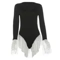 Black slim fit long sleeve bodysuit featuring white floral lace cuffs and hem - S / Jumpsuits / Black