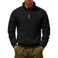 Macro detail of a mens black heavy fleece-lined sweatshirt with premium metal half-zipper - Black