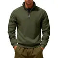 Close-up of the front half-zip stand collar and chest fit of the olive green fleece sweater - Army Green