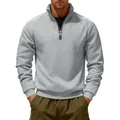 Detailed close-up of a men's heavy gray half-zip sweatshirt featuring a stand collar - Light Gray