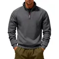 High-quality detail shot of a heavy grey fleece sweatshirt with a half-zipper collar. - S / Tops / Dark Gray