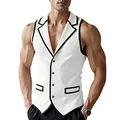 Stylish men's white corduroy vest featuring contrast black piping and a suit lapel collar - S / Tops / White