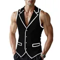 Men's black corduroy vest with white contrast piping and suit collar, fashion waistcoat - S / Tops / Black