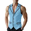 Mens slim fit light blue corduroy vest with black contrast piping and notch lapel - S / Tops / Blue