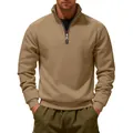 Detail view of men's khaki heavy quarter-zip stand-collar fleece pullover sweatshirt - Camel
