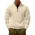 Detailed front view of men's cream-colored heavy half-zip sweatshirt with stand-up collar - Apricot
