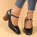 Elegantes zapatos Mary Jane negros con tacón de bloque efecto madera y puntera cuadrada chic - 34 / Negro