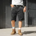 Men's stylish black streetwear denim shorts with rhinestone studs and ripped detailing - S(28) / Bottoms / Black