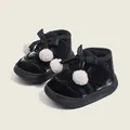 Zapatos de invierno negros para niña con un forro de felpa cálido, lazos y pompones. - Talla 19 (Longitud Interior 12CM) / Negro