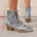 Detail view of blue embroidered boots showing 12cm shaft and 6.5cm heel height. - 36 / Sky Blue
