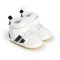 Detailed view of white baby walker shoes featuring warm fleece lining and black stripes - 11cm / White Black