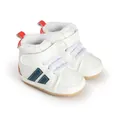Close-up of white baby walker shoes with warm faux fur lining and blue stripes. - 11cm / White Blue