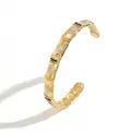 Close-up of gold stainless steel cuff bracelet with crystal flower motifs and colorful stones - Sun Flower Bamboo Joint Style (S3218G)