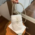 Chic retro Korean style white fluffy faux fur crossbody phone bag for winter season - Off White