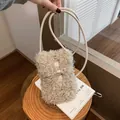 Korean retro cream fuzzy fleece crossbody phone bag featuring a stylish horn toggle closure - Khaki