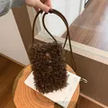 Brown curly faux fur crossbody phone bag with retro button detail for autumn winter - Brown