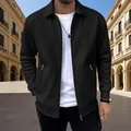 Ανδρικό καθημερινό μαύρο τζάκετ με φερμουάρ, γιακά με πέτο και ανάγλυφο λεπτό ύφασμα - S / Κορυφή (ZJ-002) / Μαύρο