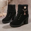 Detailed view of black chunky heel ankle boots featuring rhinestone accents and wool cuffs - 35 / Pearl Pendant Style / Black