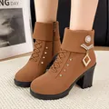 Elegant brown chunky heel ankle boots for women with rhinestone and pearl charms - 35 / Square Pendant Style / Brown