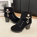 Elegant black faux suede ankle boots with high block heels and rhinestone pearl charms - 35 / Square Pendant Style / Black
