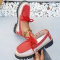 Modern British style women's platform loafers featuring a red and beige color block design. - 36 / Red
